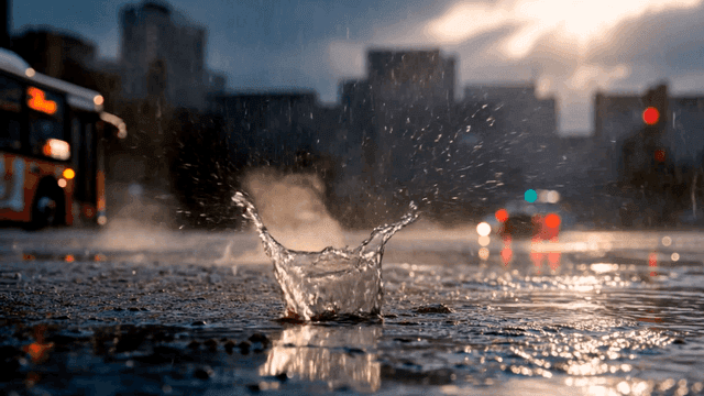 Steam on rainy road