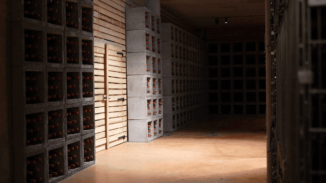 Wine cellar with rows of bottles