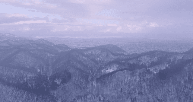 눈 덮인 산과 멀리 보이는 도시