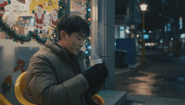 추운 밤에 따뜻한 커피를 즐기는 남자