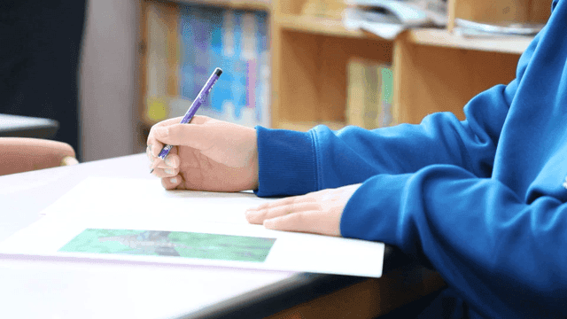 Elementary school student stands up while writing in classroom