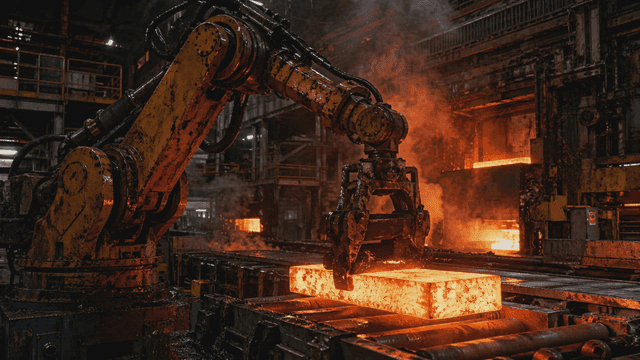 Robotic arm handling hot metal in factory