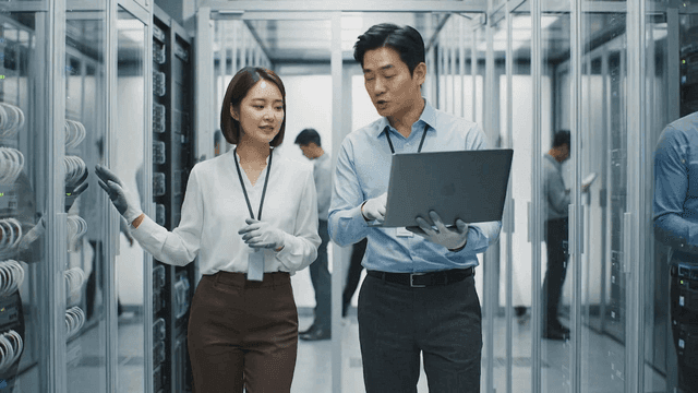 Two professionals discussing in a server room