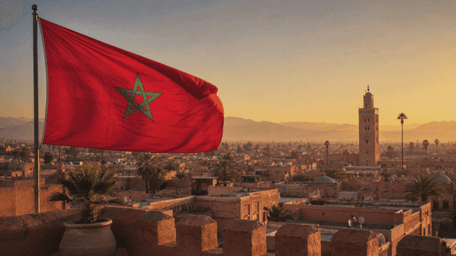 Morocco with national flag at sunset