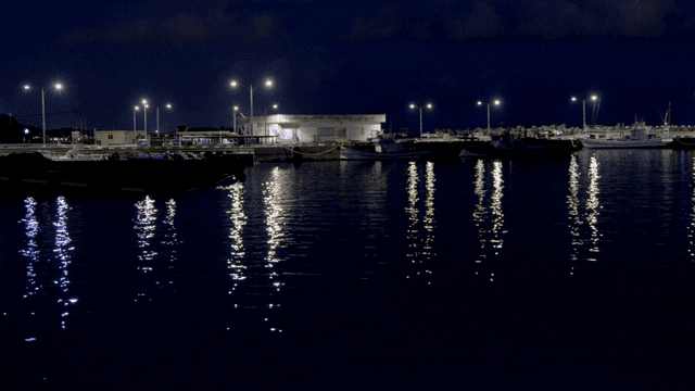 Night view of harbor on sea illuminated by light