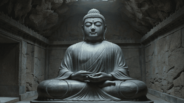 Serene Buddha statue inside stone cave