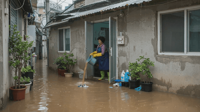 A woman pouring water from a flooded house