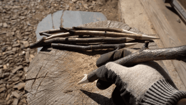 열필 모양의 나무 막대로 글을 써보는 손