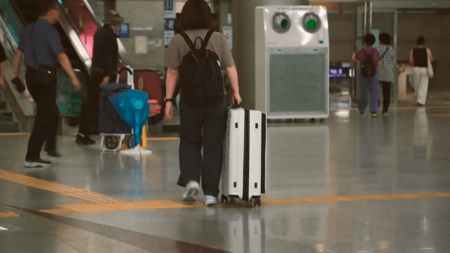 A person pulling a carrier at the station