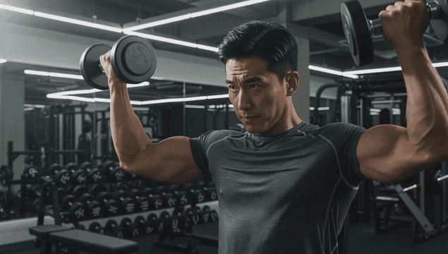 헬스장에서 덤벨을 드는 남성