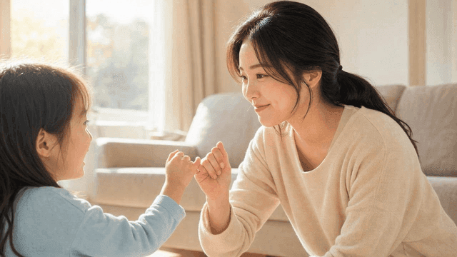 Mother and daughter making promise in living room.