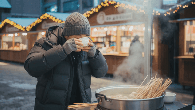 Man eating hot fish cakes and broth at a winter street stall