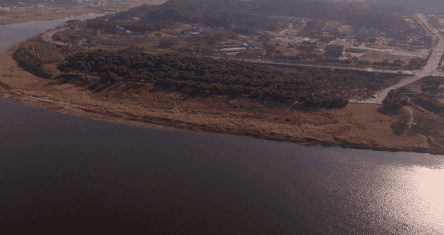 A river bend with surrounding landscape