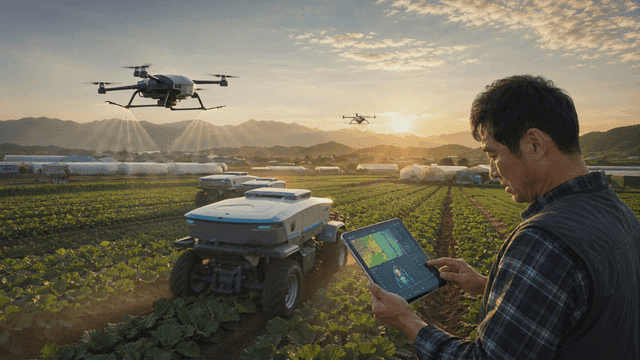 A farmer using a tablet in a smart farm