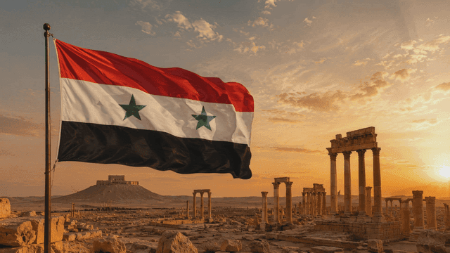 Ancient ruins with flag at sunset in Syria