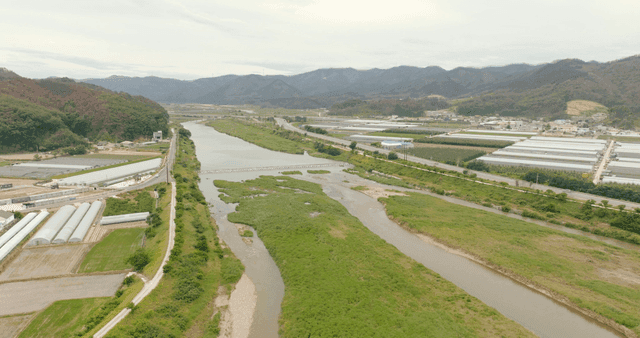 강 근처 온실과 들판의 항공 뷰