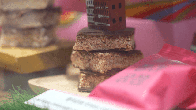 Chocolate desserts displayed in a store