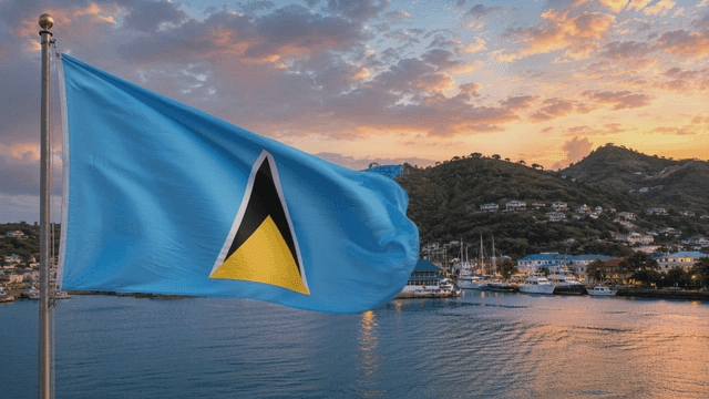 Saint Lucia flag fluttering by water at sunset