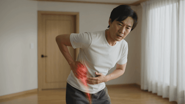 Man experiencing severe side pain at home