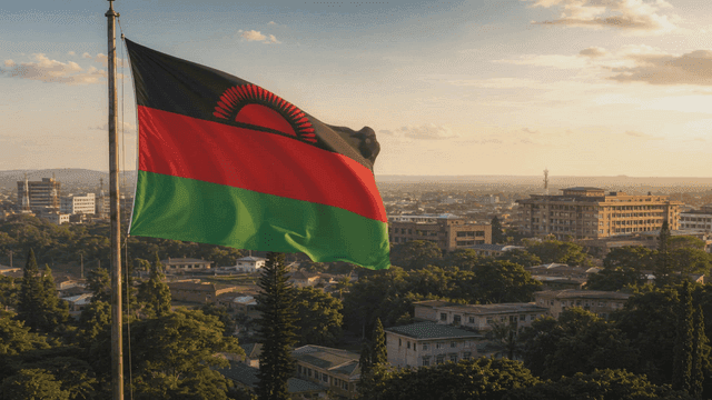 City scene with Malawian flag fluttering in wind