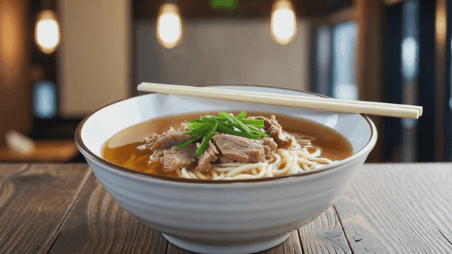 Beef noodles in beef broth topped with meat
