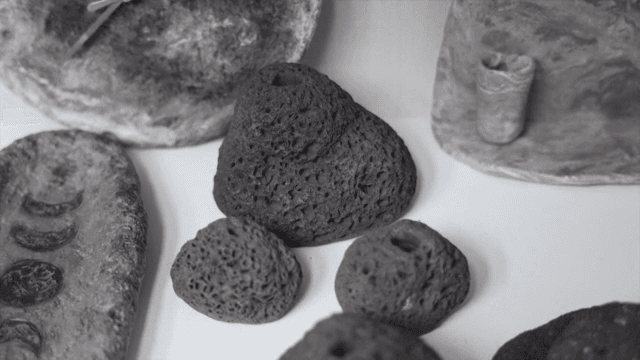 Various textured rocks on display
