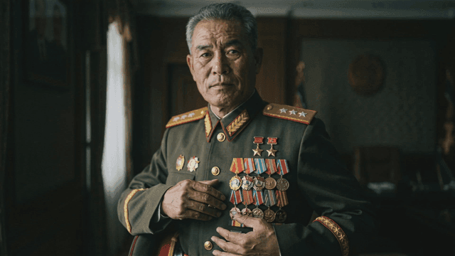 North Korean military officer in uniform wearing various medals