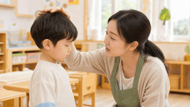 Kindergarten teacher affectionately comforting child