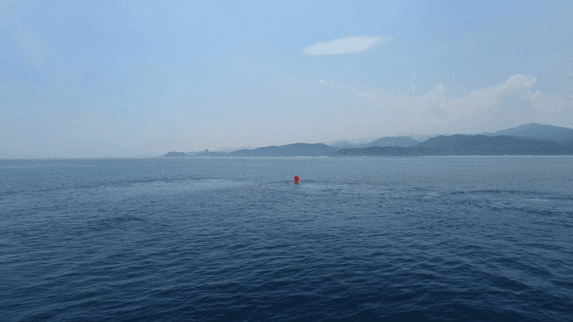 Sea with calm waves where buoys are floating