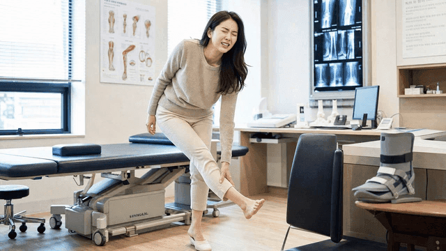 Woman clutching her foot in pain at hospital