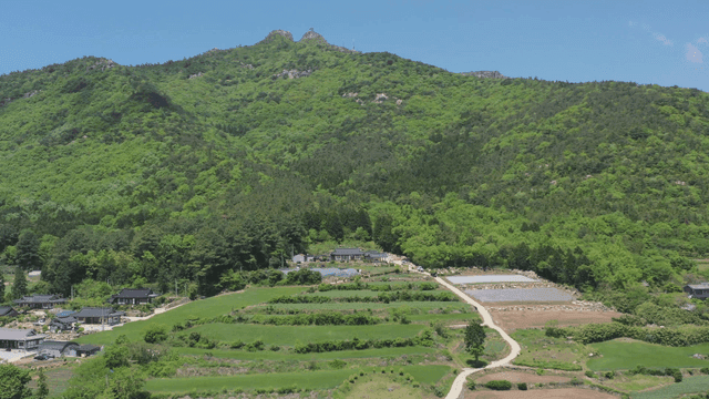 푸른 산에 자리한 시골 마을