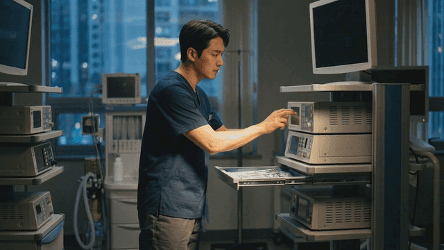 A doctor adjusting medical equipment