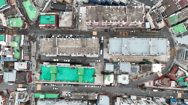 Aerial view of colorful city rooftops