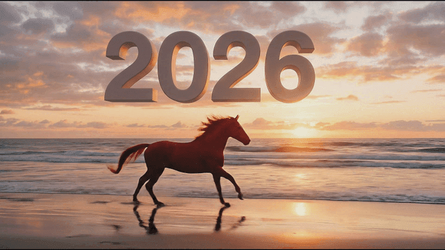 Red horse running along beach at sunrise in 2026