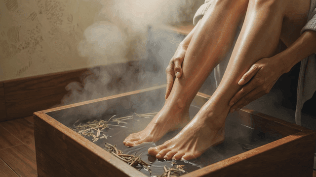 Relaxing foot bath with rising steam