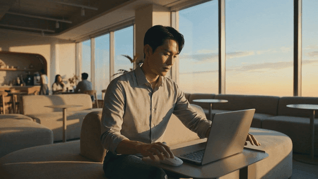 Man typing on laptop in cafe