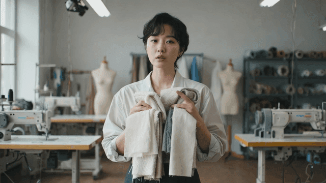 Woman holding fabric in sewing room