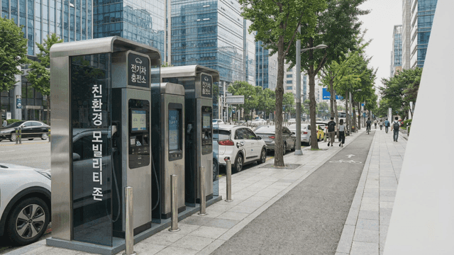 Electric vehicle charging stations on a city street
