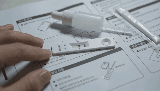 설명서 위의 코로나19 검사 키트