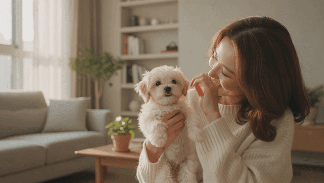 집에서 여성에게 안겨있는 흰 작은 강아지