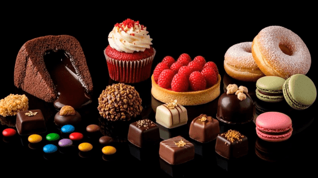 Collection of desserts in various colors.