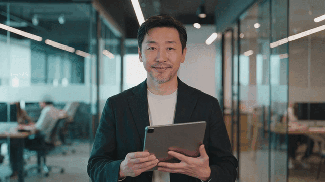 Man holding a tablet in a modern office