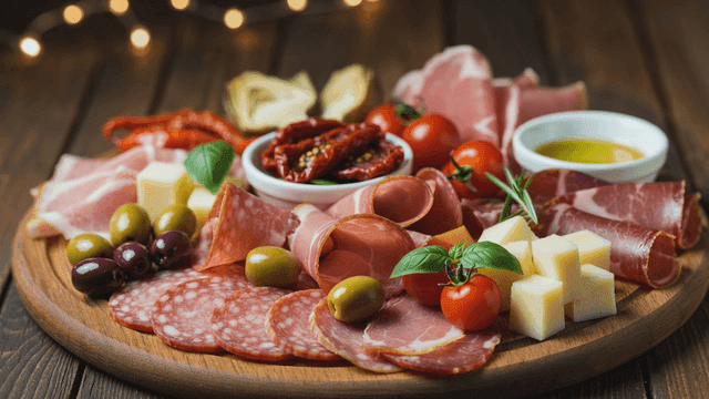 Platter containing various hams, meats, and cheeses