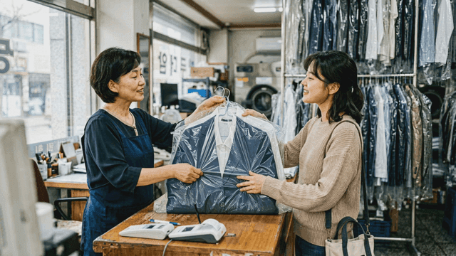 Woman receiving suit at dry cleaner