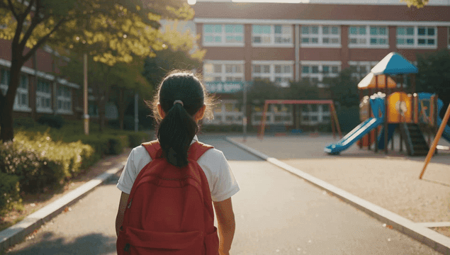 Back of a female elementary school student walking to school