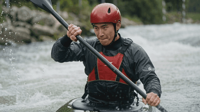 Man going down rapids in kayak