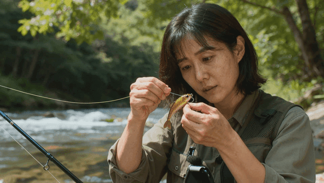 강가에서 낚시 미끼를 준비하는 여성