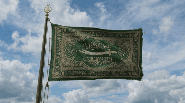Fluttering green Islamic flag with Arabic writing