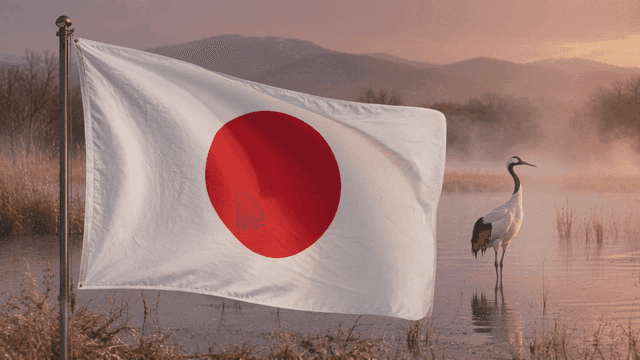Japanese flag and crane in misty wetland