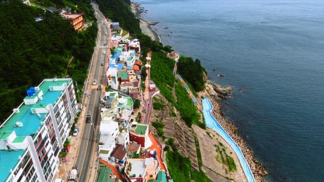 Coastal Aerial View of a Colorful Village